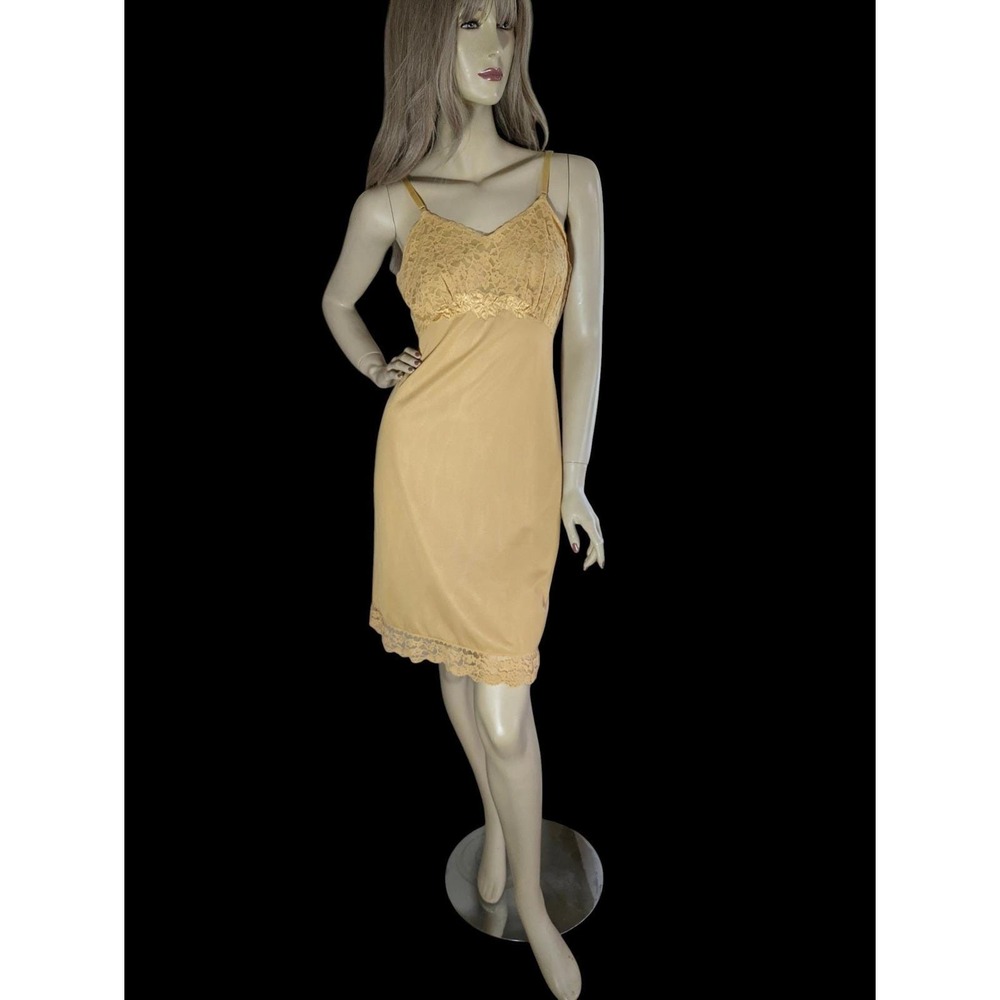 Vintage 60s Gold Slip‎ Dress Small Nylon Lace Trim Full Slip